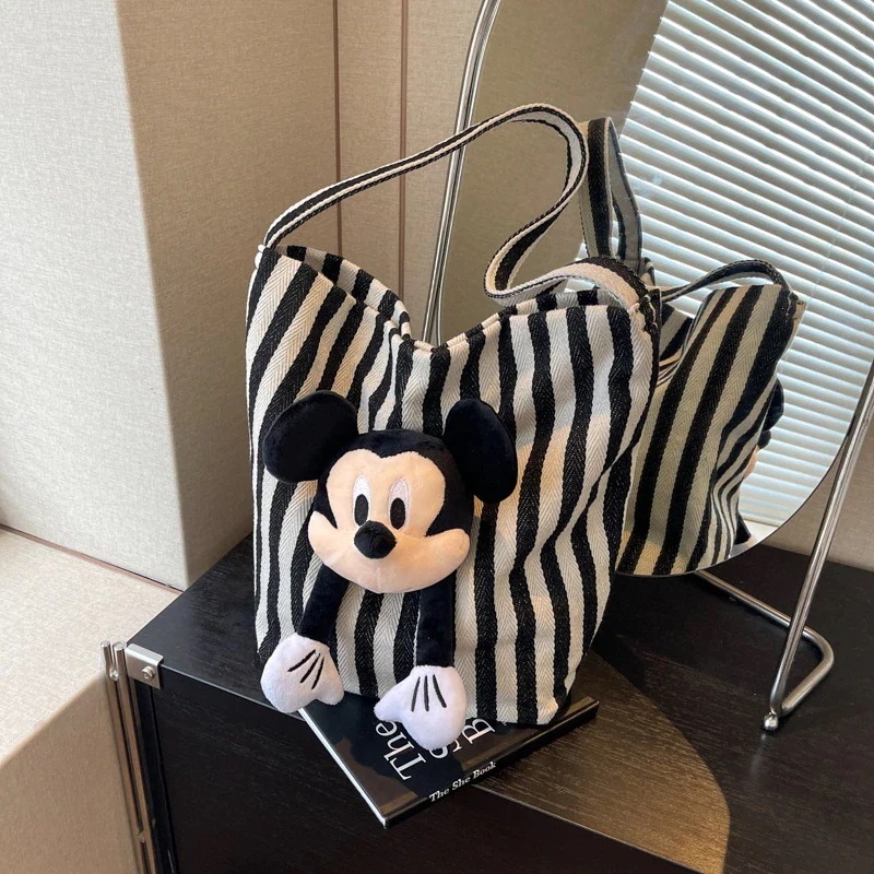 出荷が迅速である 漫画かわいいミッキーバッグストライプキャンバスショルダーバケットバッグ大容量クラス通勤トートバッグ