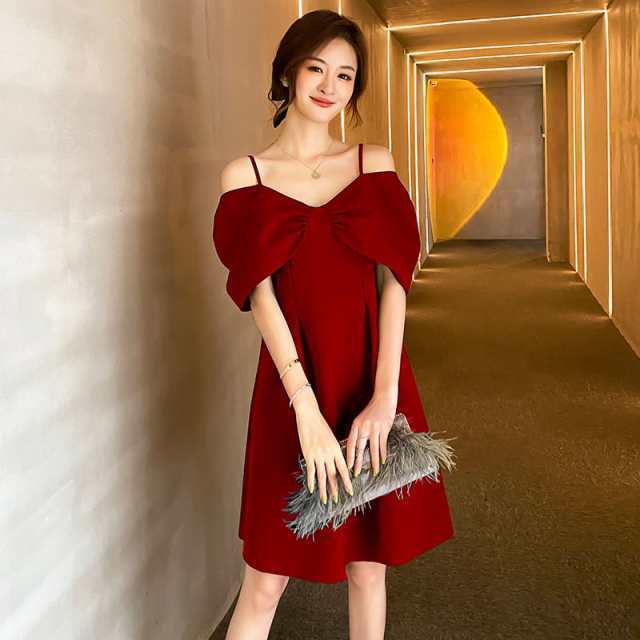 オフショルダー ドレス 2色 膝丈 韓国 パーティー Aライン オフショルダー 無地 ミディアム 半袖 ホームパーティーアイテム 謝恩会 結婚式二次会 フレア かわいい 大人可愛い きれいめ