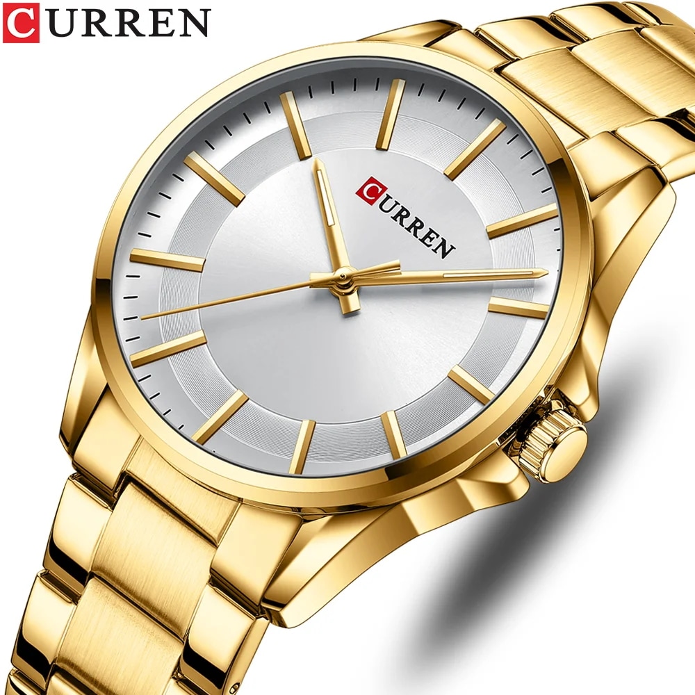 Curren-男性用ステンレススチールウォッチ 高級クォーツ腕時計 カジュアル ゴールド ビジネス ファッション