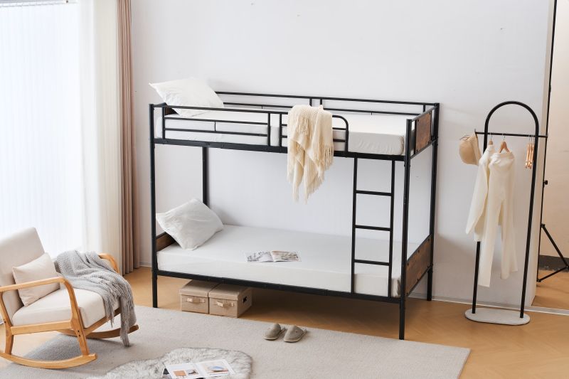 国内即発送!送.料.無.料！【新品】ブラック二段ベッドシングルシングルベッド木パイプベッド子供部屋スチール収納耐震北欧風SDGベッド