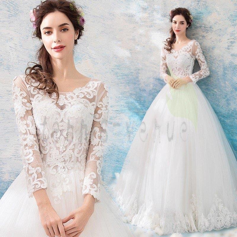 ウェディングドレス 結婚式 パーティー 袖あり 白 安い 大きいサイズ 花嫁 ドレス 姫系 披露宴