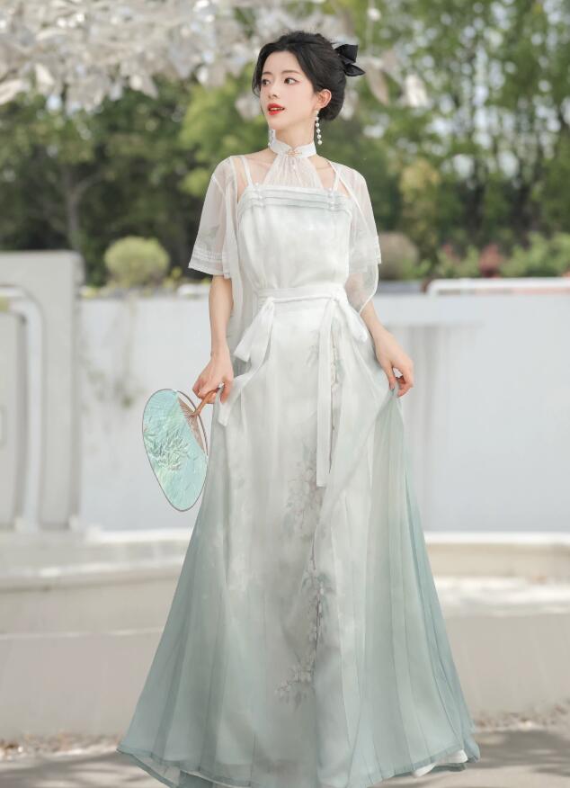 漢風 ドレス ロング丈 改良版漢服 レディース ハロウィン コスプレ衣装 夏 漢元素 華流 古風 衣装 キャミソール＋スカート＋羽織 3点セット 花柄 学園祭 文化祭 イベント 撮影衣装 シフォン グ