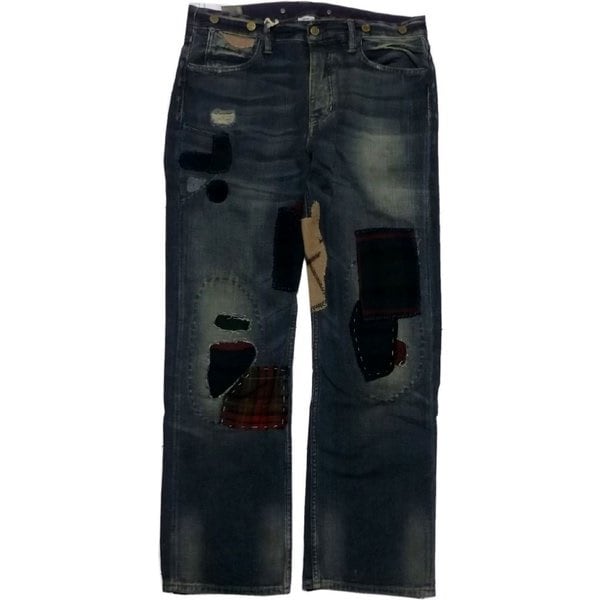 ブルーデニム ジーンズ ウール地パッチ USED加工 PR3-177