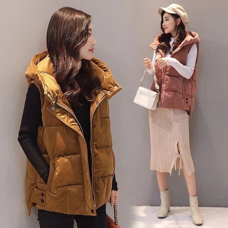 ベルベットベスト女性ショート丈連帽2025秋冬韓国版綿ベストみ女性ゆったりベスト綿 ジャケット ベスト