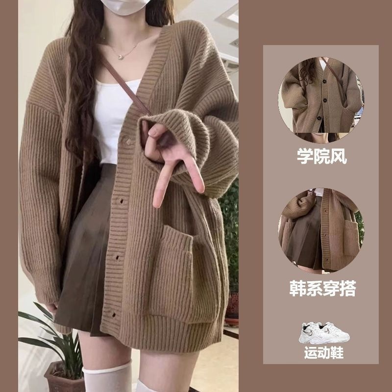 ハイエンドのカスタマイズ-秋冬新作2点セット和風レトロ風怠惰風ニットカーディガンVネック+プリーツスカートスーツ