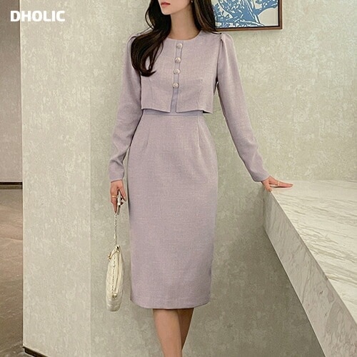 [メガ割りSALE]配色フェイクボタンツイードワンピース