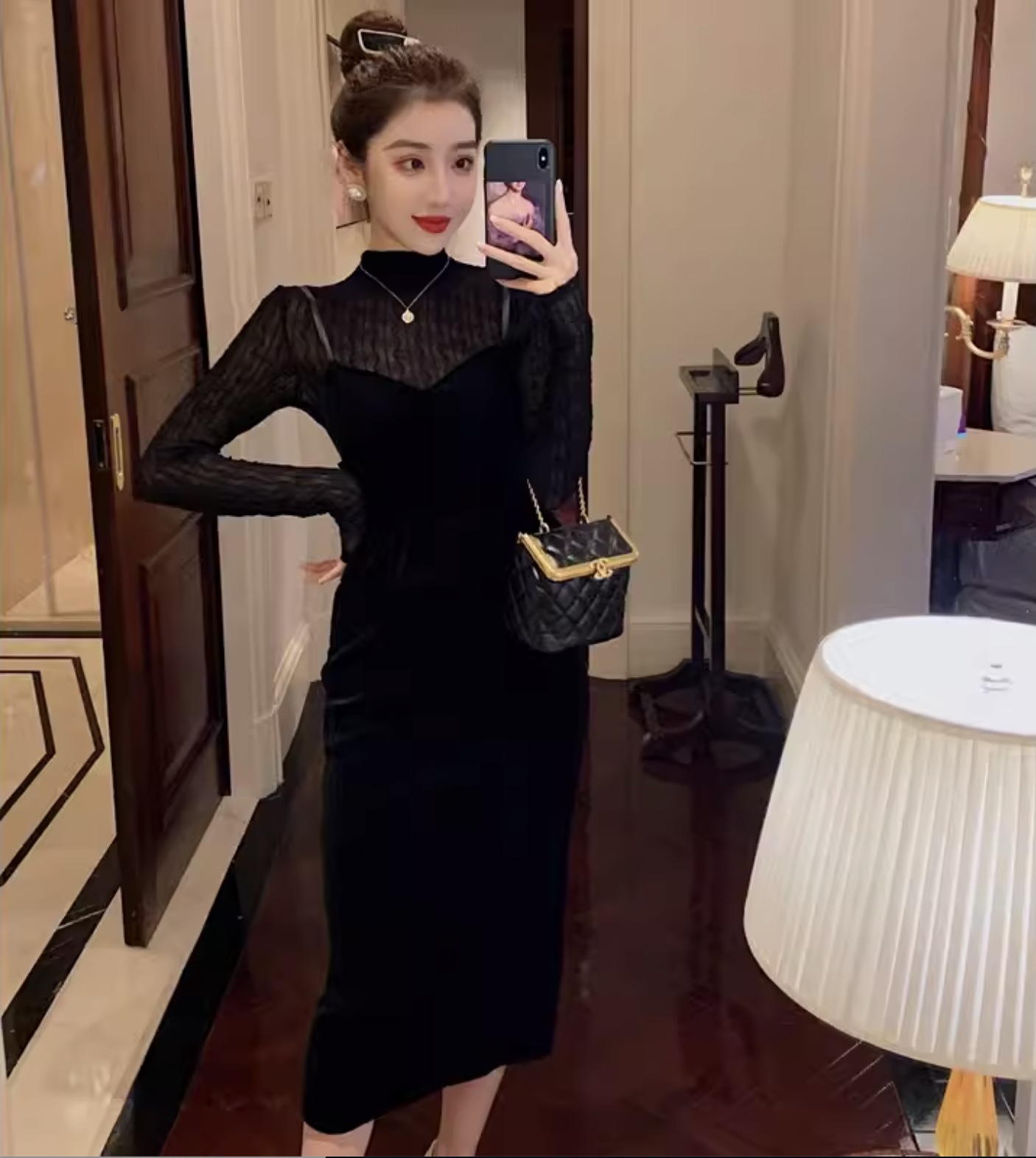 ツーピース パーティードレス ２種類 レディース ワンピース ブラウス キャミソールワンピース ロング ハイネック フェミニン フリル バックスリット ハイウエスト 透け感 レザー シアー PU