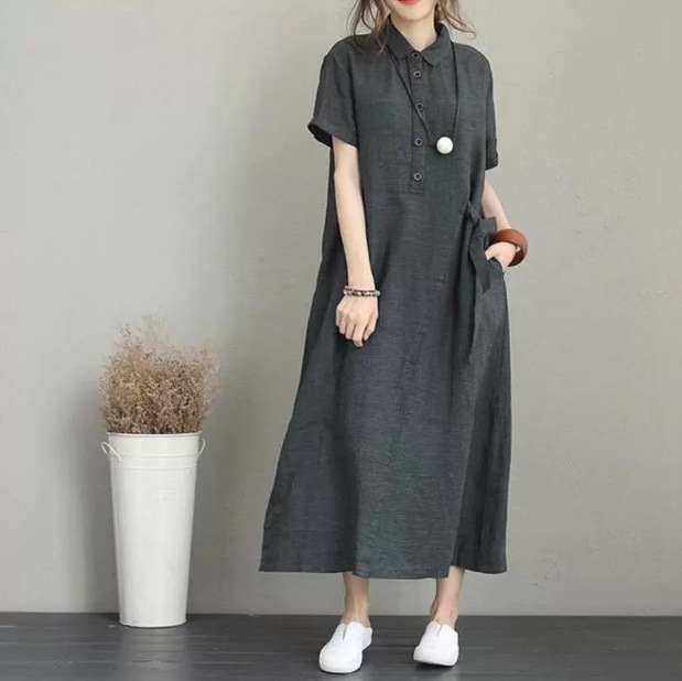 カジュアルシャツワンピース リネン半袖ワンピース ゆったりワンピース ロングワンピース トップス スカート ワンピース シャツ ブラウス プルオーバー オールインワン ロングスカート フレアスカート