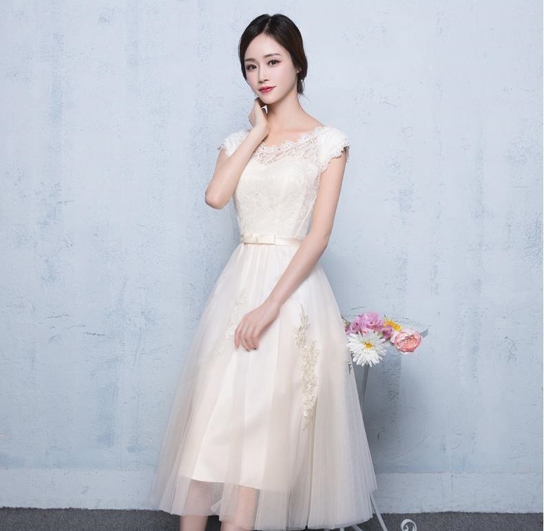 1427. レースイブニングドレス（シャンパン） ミモレ丈ドレス ウェディングドレス レース 結婚式 白ワンピース 二次会 花嫁 編み上げタイプ