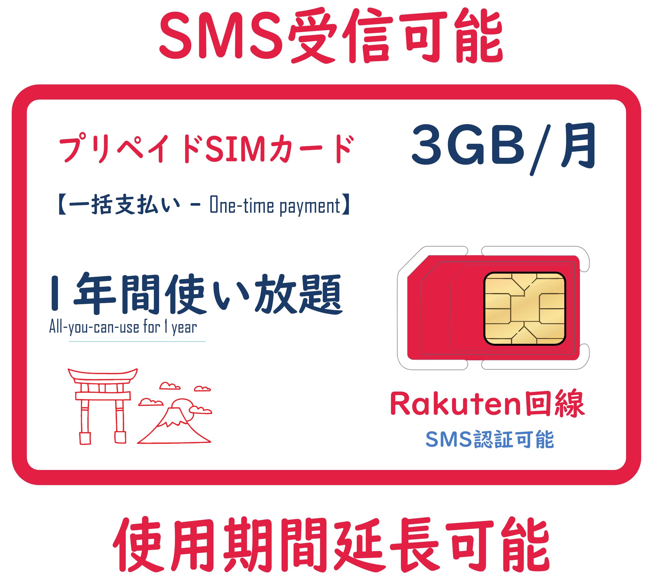プリペイドSIMカード 【RAKUTEN回線】 国内海外 プリペイドSIM 3GB/月1年間有効 5G/4G-LTE対応 SMS認証可能 データ通信 専用 SIMカード (3GB SMS付き)