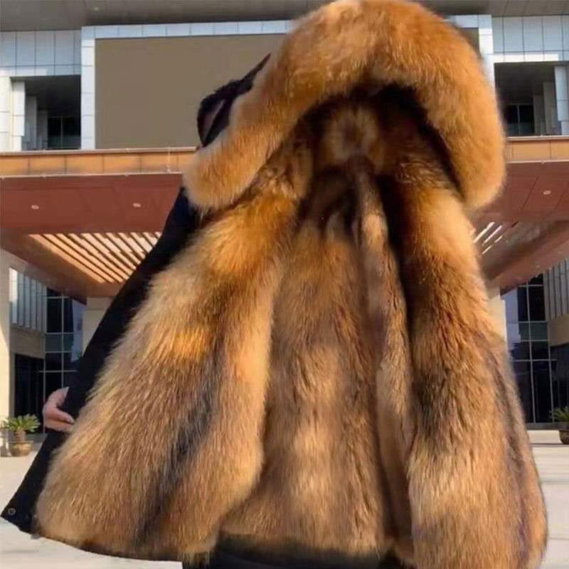 人気商品 ファーパイジャケットメンズ取り外し可能な厚みのあるミッドレングスイミテーションフォックスファーコートインナーライナー付き冬用コート