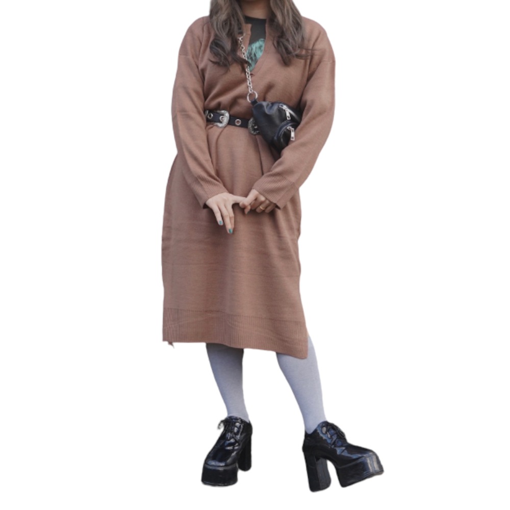 Slit Design Knit Long Onepiece (brown) A,D,G レディース ワンピース
