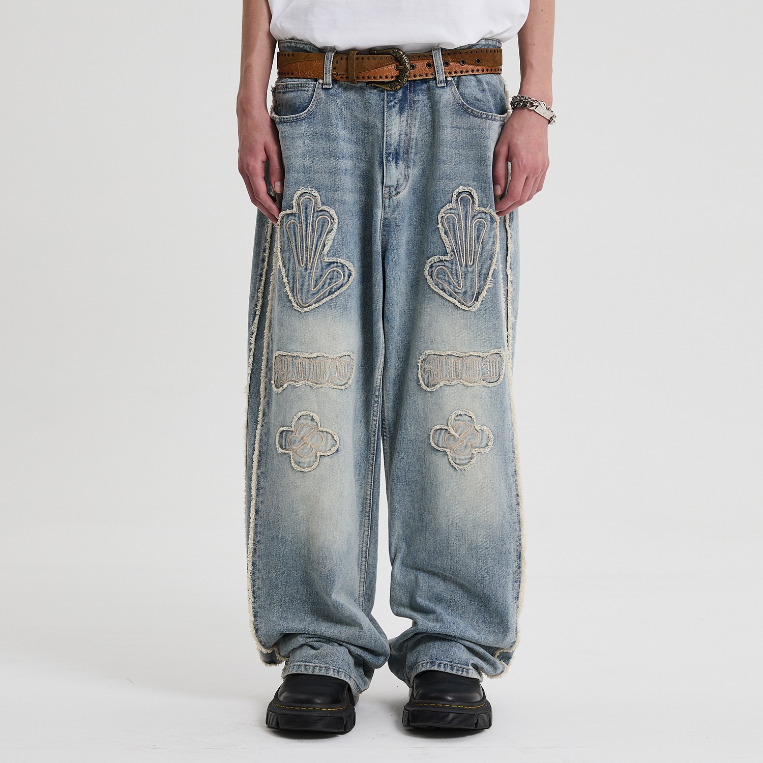 HD Multi Logo Applique Yellow Washed Denim Pants LIGHT BLUE