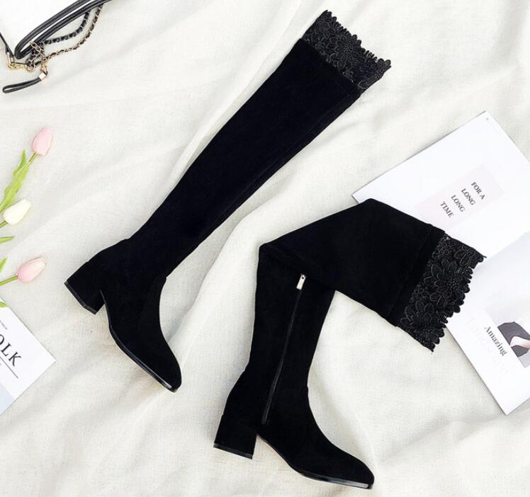 レディースブーツ　ロングブーツ　ニーハイブーツ　レース付き　ストレッチ素材　ロング丈　裏起毛　秋冬　ストレッチソックスブーツ　スエード　太ヒール　ミドルヒール　5センチ　チャンキーヒール　伸縮 6,881円