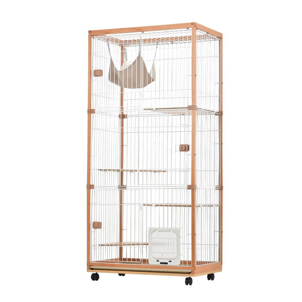 猫 ケージ キャットケージ 3段木製フレーム ハンモック付 広々 大型 猫ゲージ 高級感おしゃれ キャットハウス ネコ ハウス多段 留守番脱走防止 多頭飼い多頭 スチール ペットケージ【ナチュラル】 26,156円