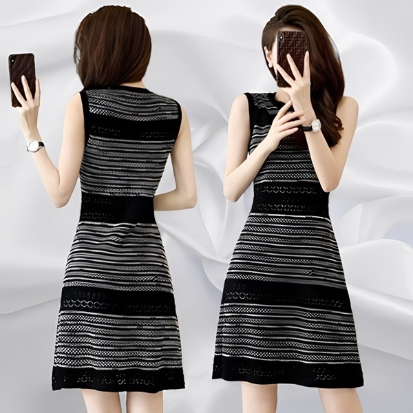 レディース ワンピース ニット サマーニット ドレス 膝下 ミモレ ミドル丈 袖なし ノースリーブ ラウンドネック 襟なし ノーカラー スリム Aライン パフスカート フェミニン リブニット 透け感