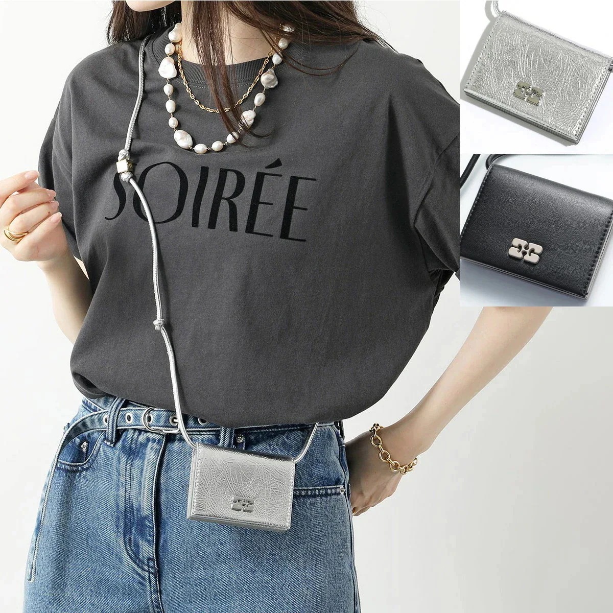 GANNI ガニー ショルダーウォレット Bou Wallet On Strap A5719 A5396 5898 レディース ロゴ メタリック アクセサリーバッグ ポシェット カラー2色m 【ts_