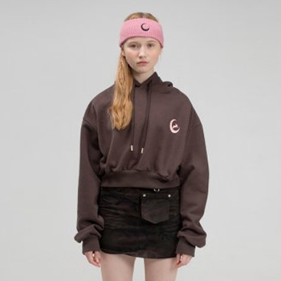 LOGO&MOON RABIT PRINTING CROP HOODIE [DARK BROWN]