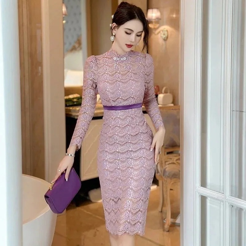 秋冬 レース ワンピース スタンド襟 セクシー タイトスカート ベーシックワンピ パーティードレス キャバ 着痩せ 大人 同窓会 披露宴 卒業式 結婚式 演奏会30%までに制限