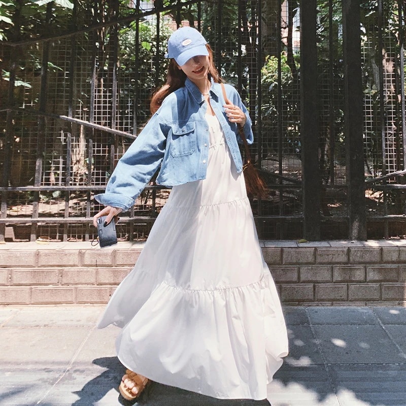 実際の2024秋韓国人気カジュアルデニムジャケット女性優しい風ホルタードレス2ピーススーツ潮