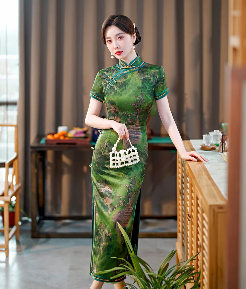 ワンピースドレスドレスグリーンチョンサムロングカレッジの入学試験2025夏のレトロ漢服スタイルヤングトレッジドレス