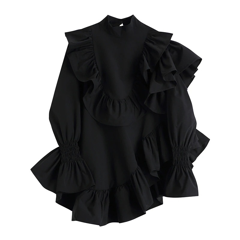 ワンピース フリル ホルンスリーブ ドレス 切り替えデザイン プルオーバー トップス スカート チュニック ショート ショート丈 袖あり 長袖 襟付き スタンドカラー Aライン アシンメトリー