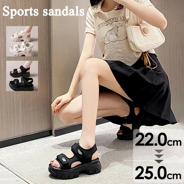 【人気SALE】スポーツサンダル 厚底 レディース ヒール6cm ベルト コンフォート 歩きやすい 軽量 美脚効果 スポサン 厚底サンダル ビーチサンダル 厚底靴 カジュアル 夏 黒 ホワイト 22.