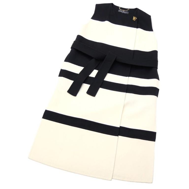 フェラガモ Ferragamo ノースリーブワンピース ガンチーニ 黒白 ウール100％ 【中古】(64637)