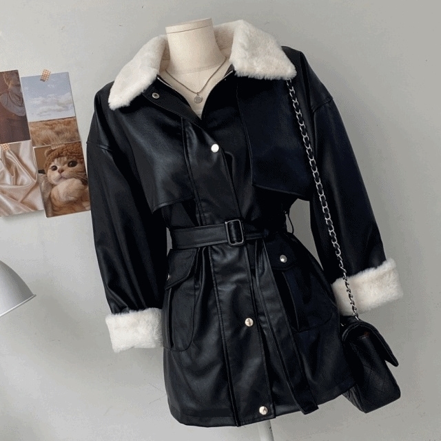 [高級感のあるムード/ミンク裏地/完全に暖かい!] レザー ミンク ファー ウエストベルト 冬 カラー ジップアップ オーバーフィット レザー ジャケット