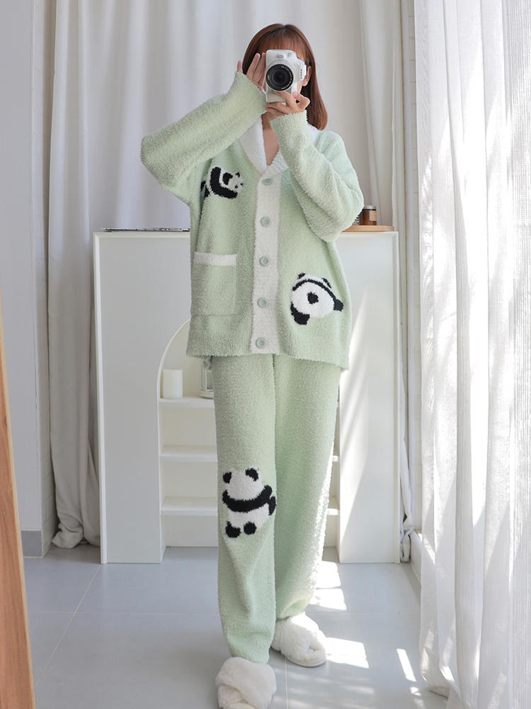 パジャマ レディース 冬 暖かい 上下セット 寝巻き ルームウェア 部屋着 可愛いパンダ柄 長袖カーディガン ロングパンツ コーラルフリース