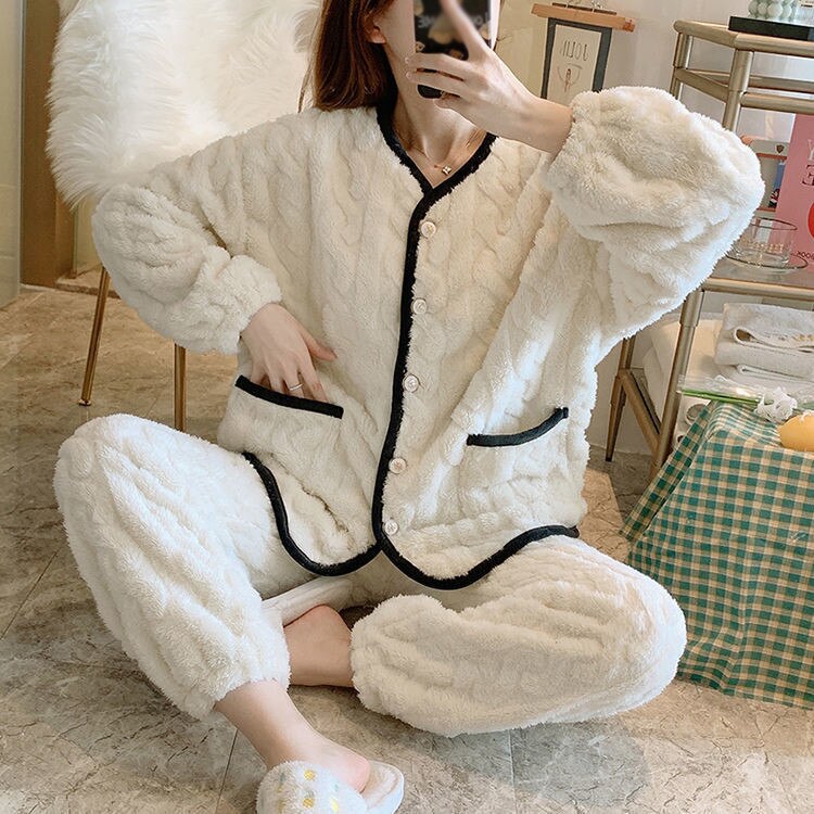 [急速出荷]ナイトウェア Vネック もこもこ パジャマ 二点セット 冬用 ウェア ホワイト レディース 長袖1145124244