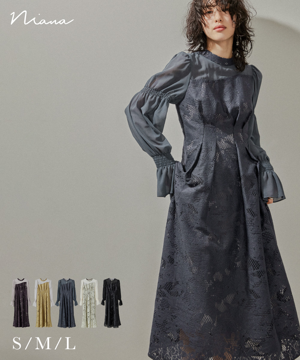 アシンメトリータックドレス パーティードレス 結婚式 ワンピース レース 総レース 花柄 シャーリング シアー 切り替え フレア お呼ばれ パーティー 二次会 披露宴 謝恩会 成人式 同窓会 卒業式