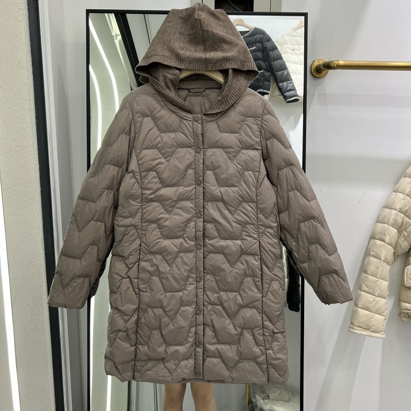 2025 ダウンジャケット レディース 韓国風 ゆったり スリム ライト ミディアム ロング ニット フード付き カジュアル ショート フード付き ジャケット