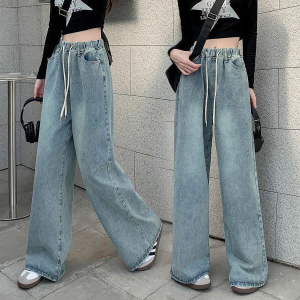 デニム ワイドパンツ ウエストゴム 紐付き 美脚 脚長 デニムパンツ 腰ゴム ボトムス レディース ゆったり 楽ちん 体型カバー(メール便送料無料)