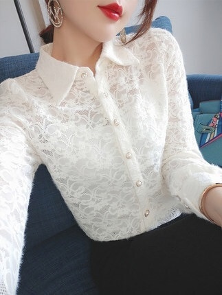 シャツ ブラウス レディース スリム 長袖 襟付き レース 透け感 かわいい 大人可愛い きれいめ シンプル カジュアル 花柄 フラワー 春 夏 学生 デート お出かけ ホワイト ブラック トップス 5,292円