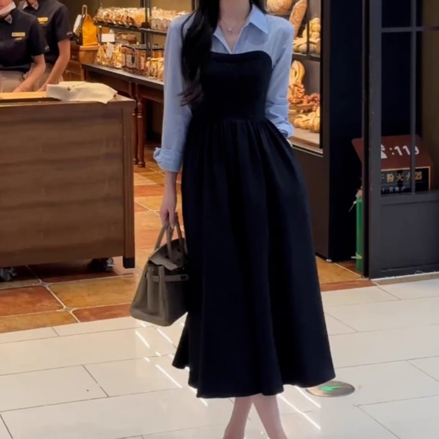 レディース ワンピース フレア 膝下 ロング 長袖 Vネック 襟付き ポロカラー Aライン 切り替え ドッキング 裾ワイド ウエストマーク ボタン 切り替えデザイン 薄手 かわいい 大人可愛い 8,121円