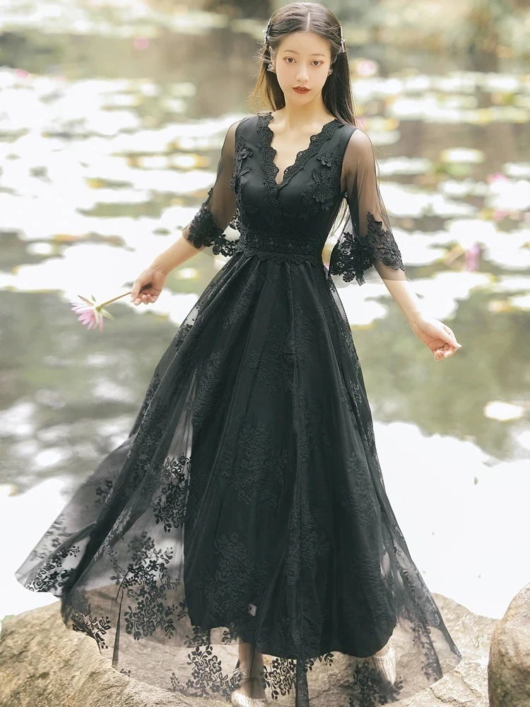 シフォンワンピース新作刺繍デイジードレススウィートバブルスリーブネットドレス