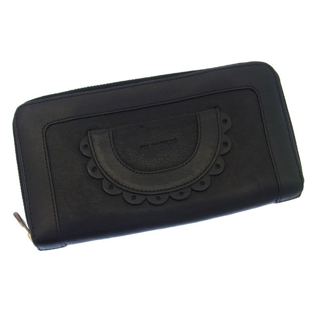 長財布 /ラウンドファスナー ロゴ /ピコレースモチーフ付き ブラック ゴールド 中古