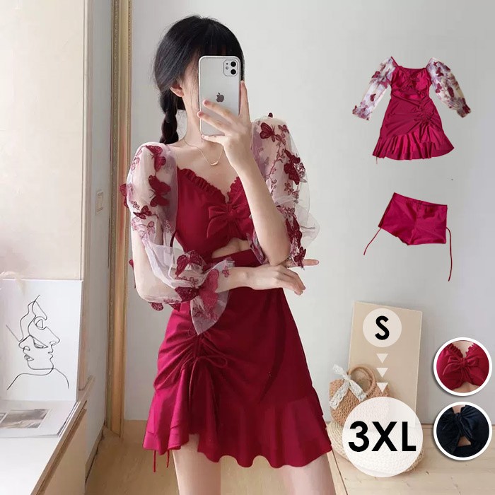 ワンピース水着 レディース 2点セット ワンピース+パンツ 体型カバー フリル リボン チラ見え ブラック レッド 大人カラー 長袖 透け感 露出控えめ パッド付 大きいサイズ 海 プール 旅行 温泉