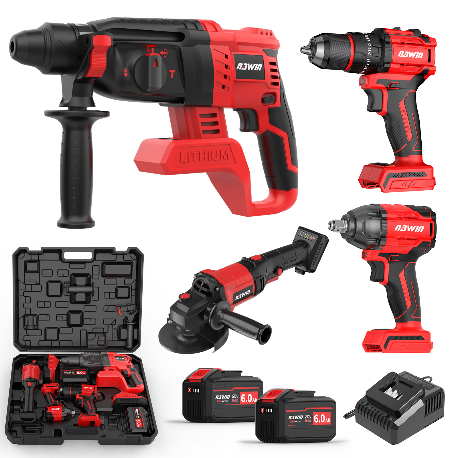 20V充電式電動工具セット マルチツール 【海外発送：納期7-12日】 ハンマードリル インパクトレンチ ドリルドライバ ディスクグラインダー バッテリー2個付 (4点セット)