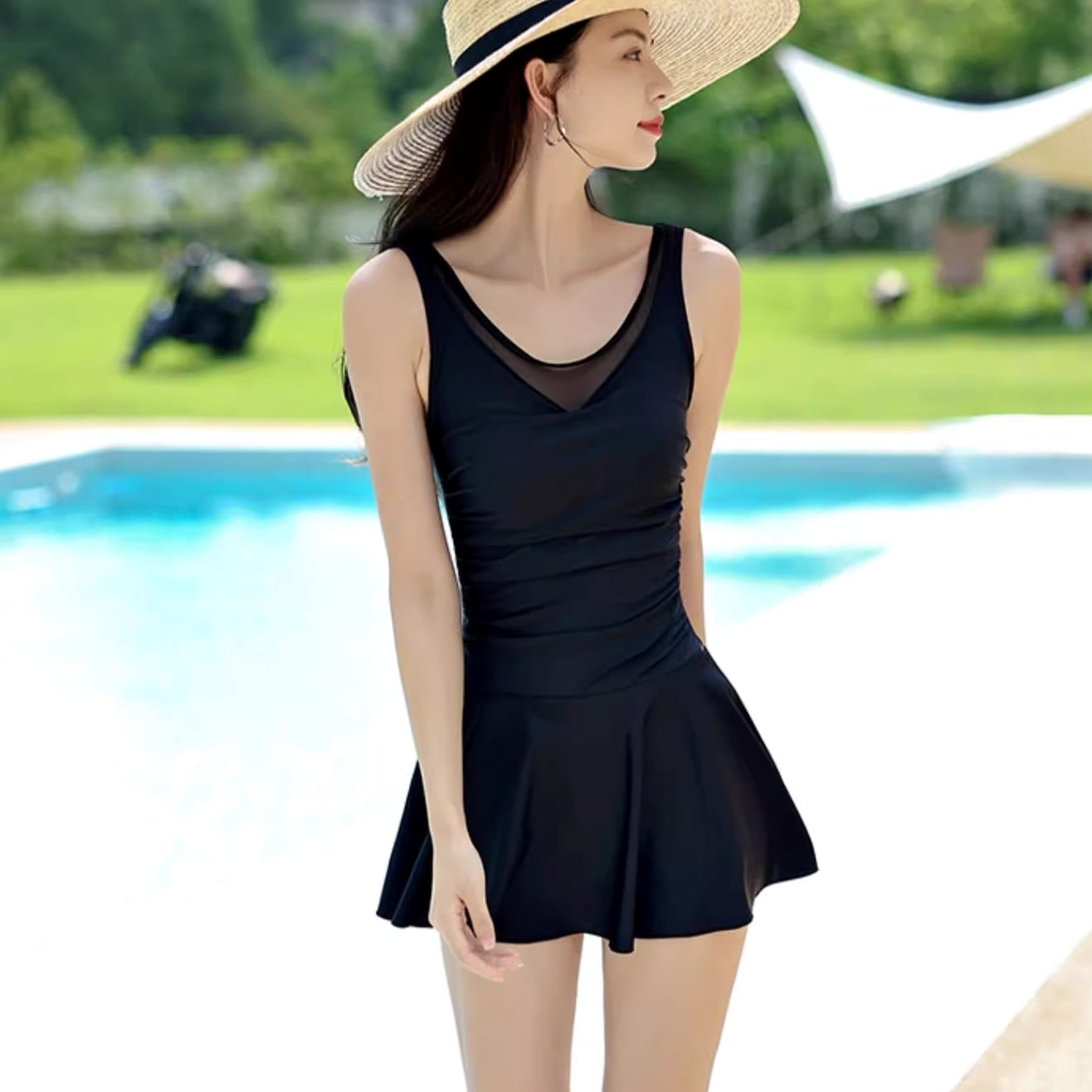スイムウエア 水着 ワンピース水着 Vネック スカート付き シースルー 背中開き バックシャン パッド付き 胸元 伸縮性 可愛い かわいい 大人可愛い シンプル カジュアル 大人 おしゃれ お洒落
