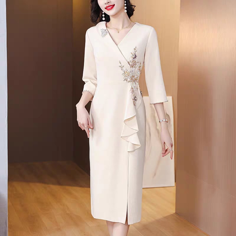 パーティードレス チャイナドレス 二次会ドレス 結婚式 ドレス 短袖 白 シンプル 無地 ワンピース 二次会 披露宴 お母さん用で