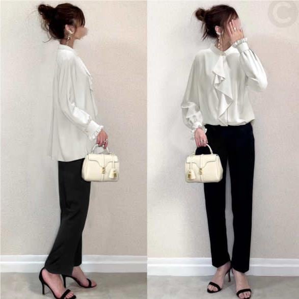 【主役級デザイン　】 ボウタイ スタンドネック ランタンスリーブ シンプル ホワイト ブラウス