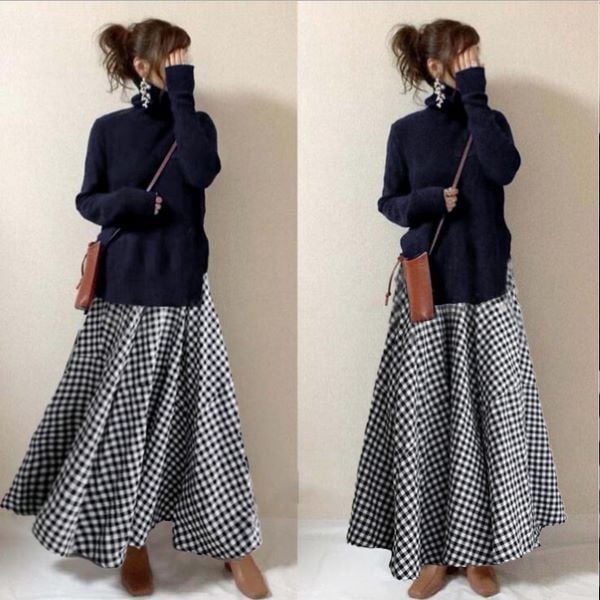 【再入荷予定】今日のコーデ ハイネック チェック柄 ニットセーター +ハイウエスト Aライン スカート セットアップ 秋 冬 レディース