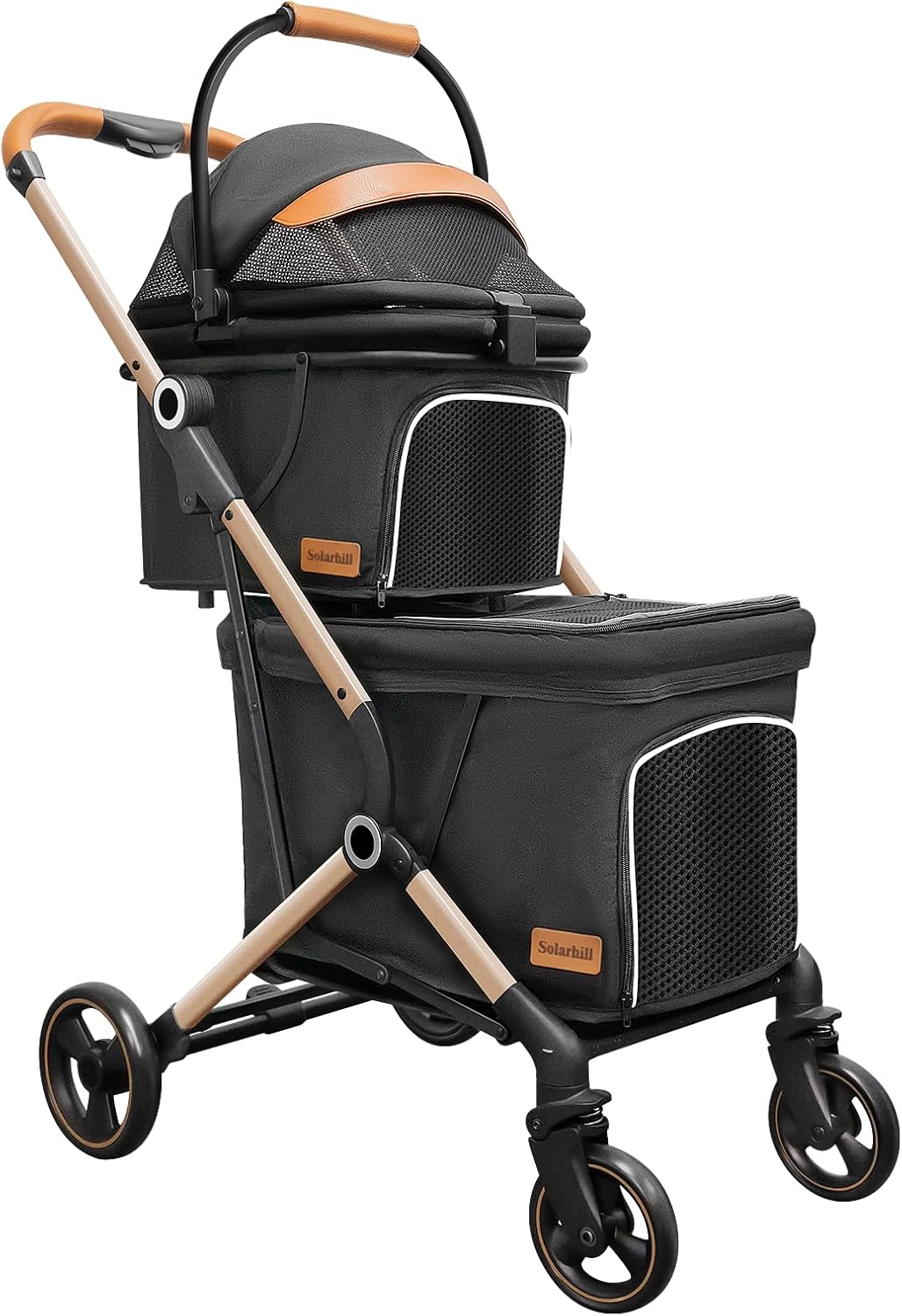 小型犬用ダブルベビーカー 4輪ジョガータイプ 取り外し可能キャリッジ 収納バスケット付き ワンボタン折りたたみフレーム グレー ブラック