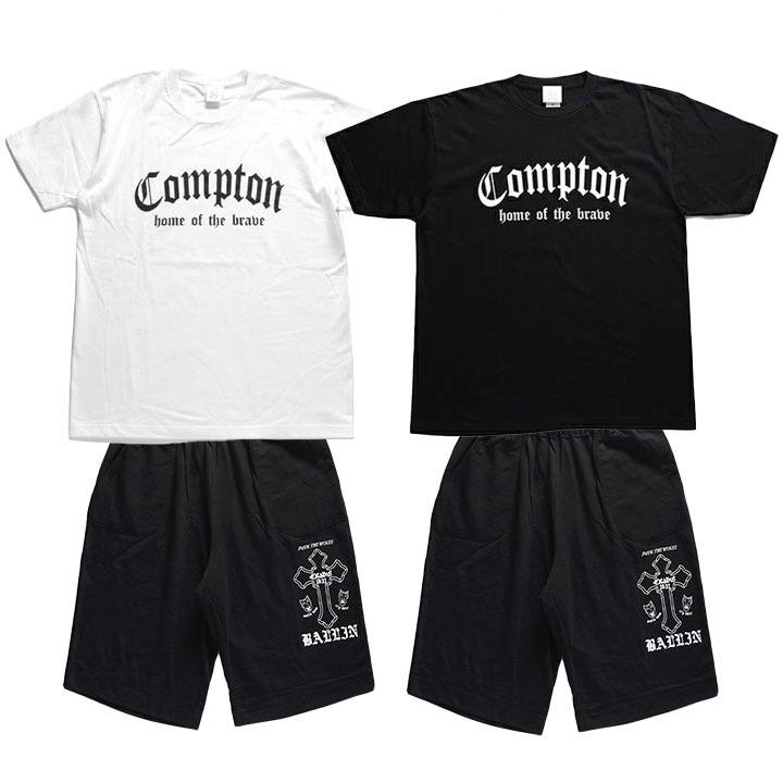 ACE FLAG 上下セット 半袖 ブランド Tシャツ ハーフパンツ メンズ 春夏用 白 黒 大きいサイズ エースフラッグ セットアップ ショートパンツ Compton