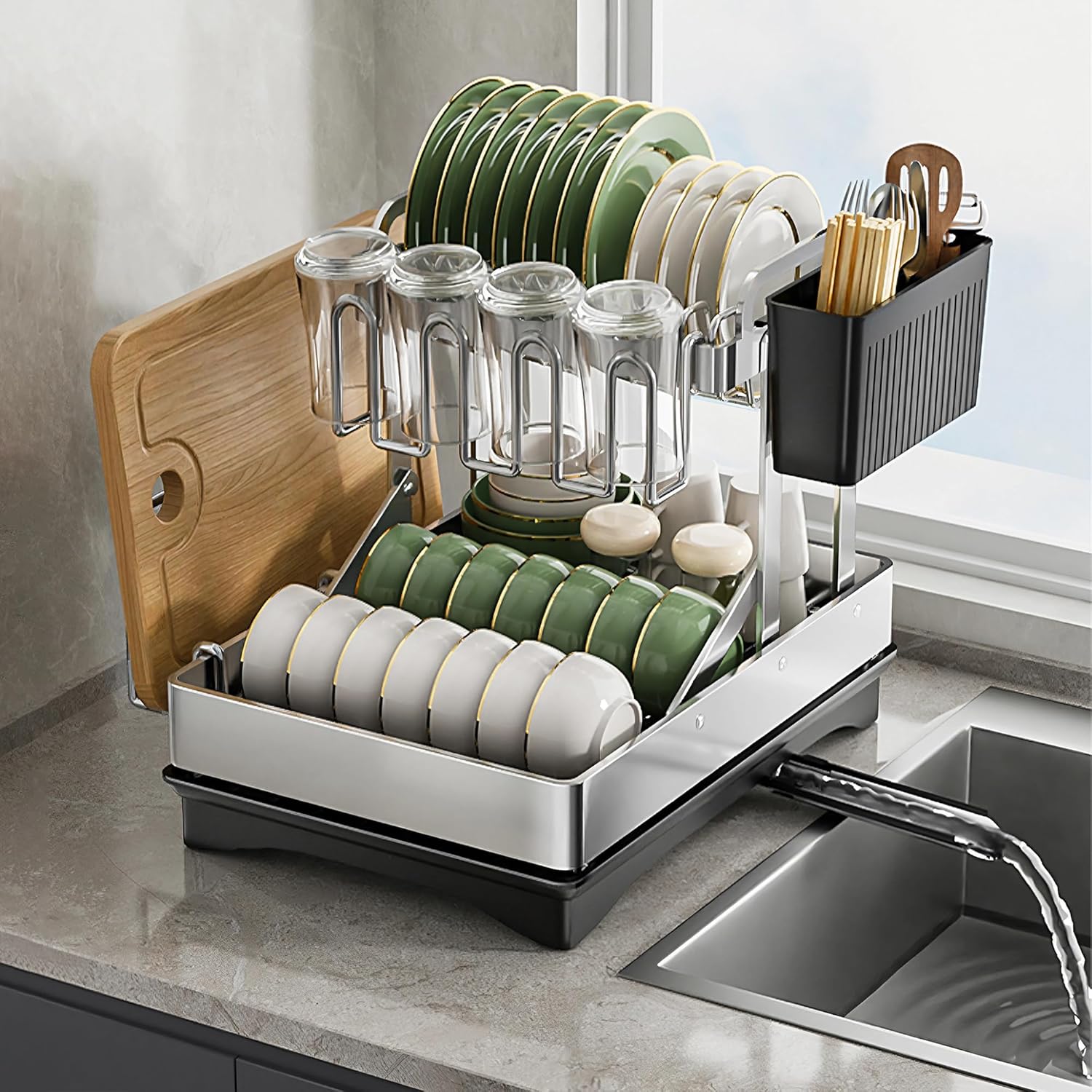 ステンレス製2段折りたたみ食器乾燥ラック 360度回転延長排水槽付き 杯立て・まな板掛け・箸筒付き サイズ42×30×29.5cm