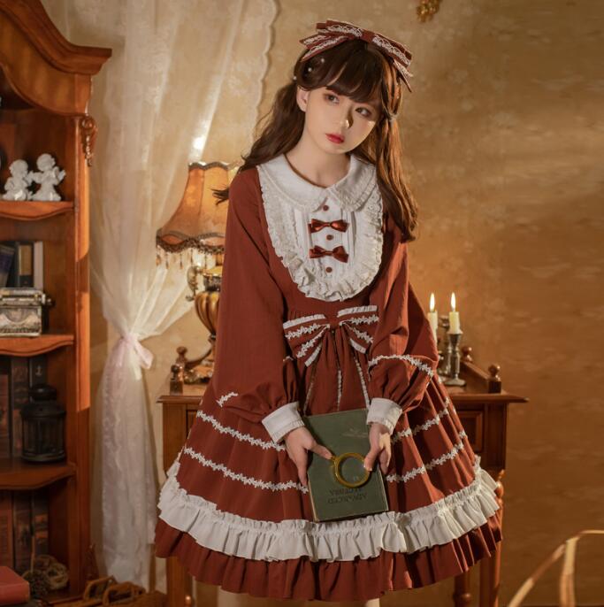可愛いロリータワンピース 長袖 スカラップドレス 長袖 ロリータ服 膝丈 重ね重ねドレス 萌え萌え lolita ドレス 学園祭 文化祭 コスチューム コスプレ衣装 リボン付き S-XL