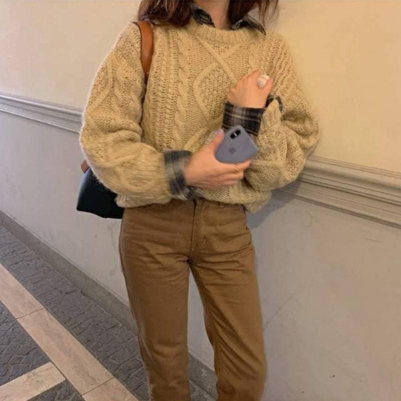 トップス レディース ニット セーター ラウンドネック ケーブル 編み 長袖 無地 大人 かわいい カジュアル おしゃれ 上品 カジュアル ナチュラル シンプル ラフ マニッシュ 楽ちん 秋 冬 通学