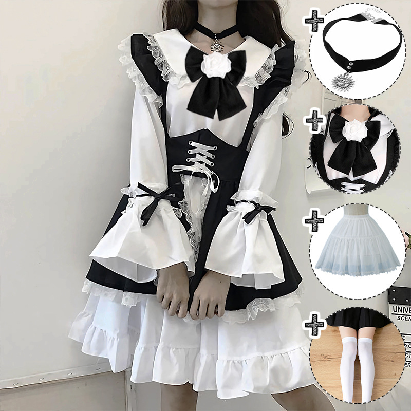メイド服 9点セット 可愛い二次元 ロリータワンピース 大人用 ワンピース 衣装 エプロン ハロウィンメイド服 レディース ハロウィン クラシカル 制服ワンピース コスプレ